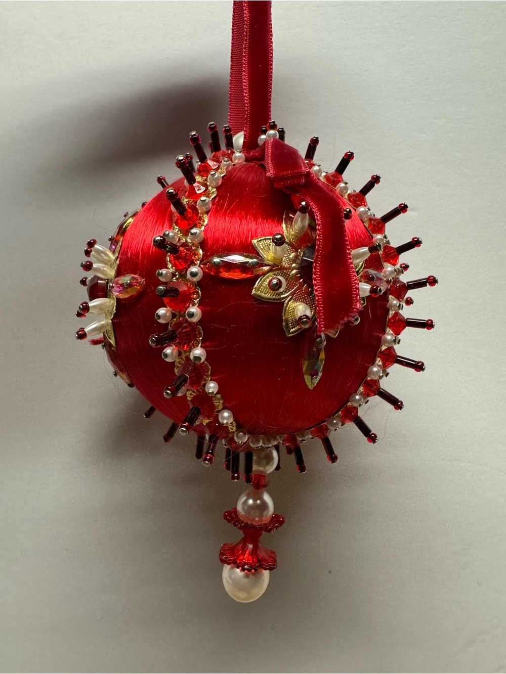 Red Beaded and Pinned Ornament with Ribbon Accent